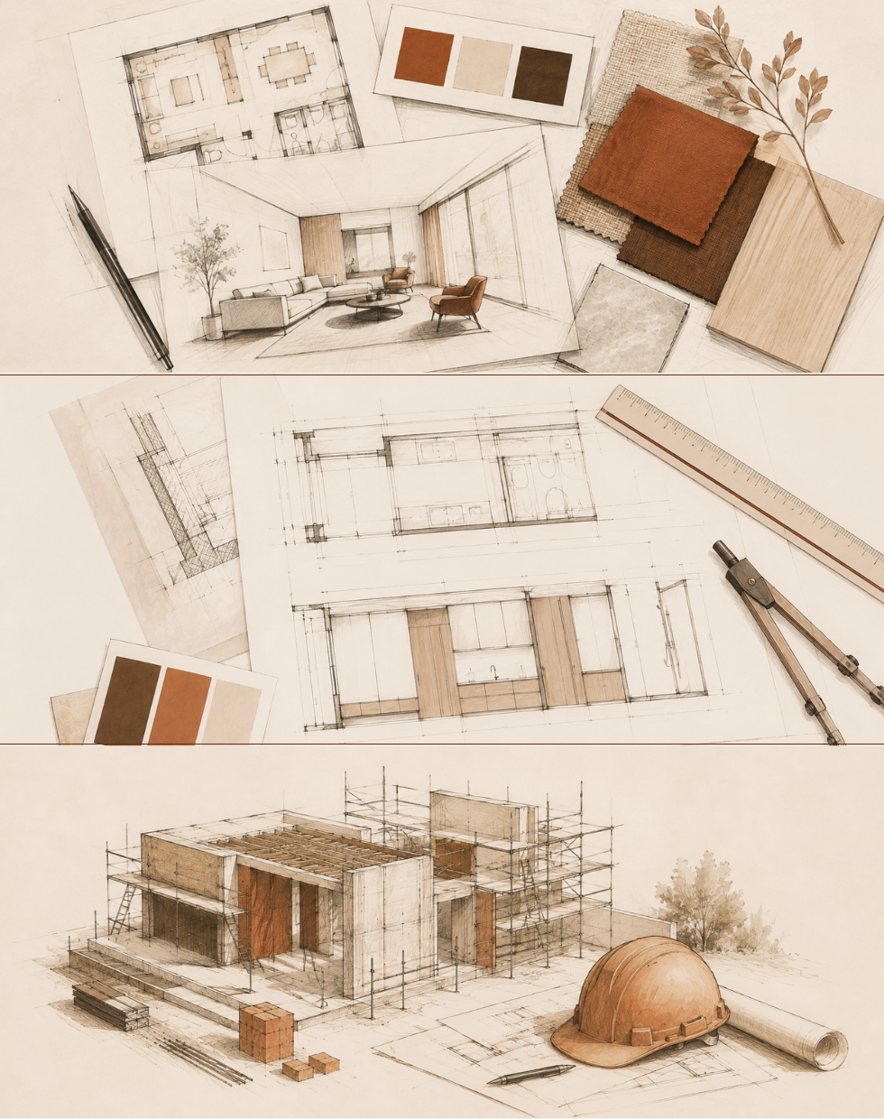 Ilustrações do processo de trabalho do OMA Studio: concepção, detalhamento técnico e gestão de obra